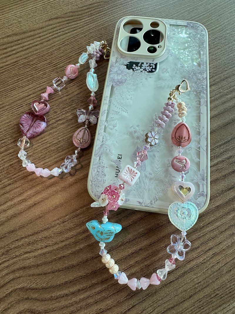 Summer & Dopamine color series-Czech glass bead mobile phone chain mobile phone lanyard - Charms - Colored Glass Pink