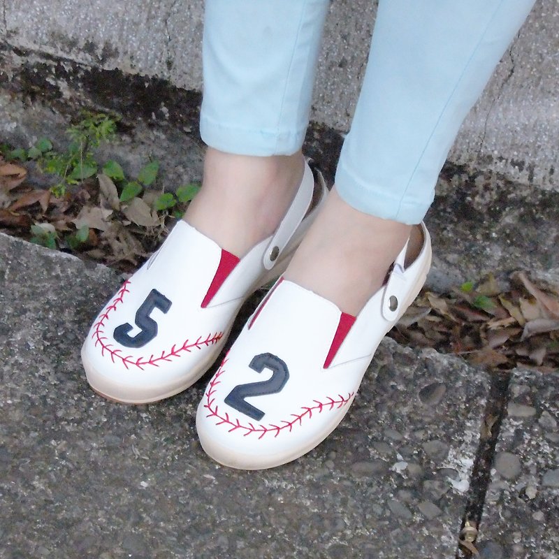 【Baseball】Ultra Light/ Exquisite Hand Sewing/ Leather Cushion/ Sling Back - Women's Casual Shoes - Polyester White