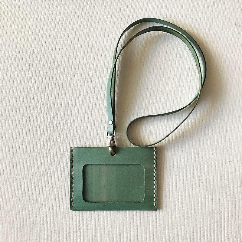 Identification card set + neckband_horizontal_dual card layer_lake green_ID Holder - ที่ใส่บัตรคล้องคอ - หนังแท้ สีน้ำเงิน