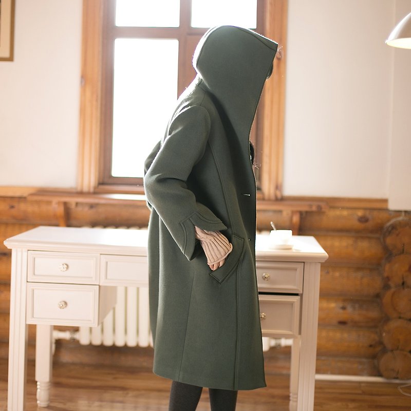 Anne Chen 2017 winter new women's solid color retro sleeve hooded jacket - Women's Casual & Functional Jackets - Cotton & Hemp Green