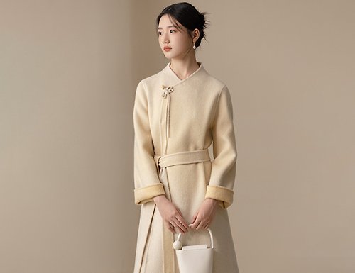 初蟬 新中式 秋冬羊毛雙面呢外套黃色漸變中國風大衣