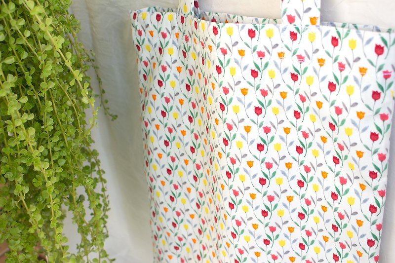 Limited edition-hand-stitched cotton bag tote bag-watercolor tulip - Handbags & Totes - Cotton & Hemp Multicolor
