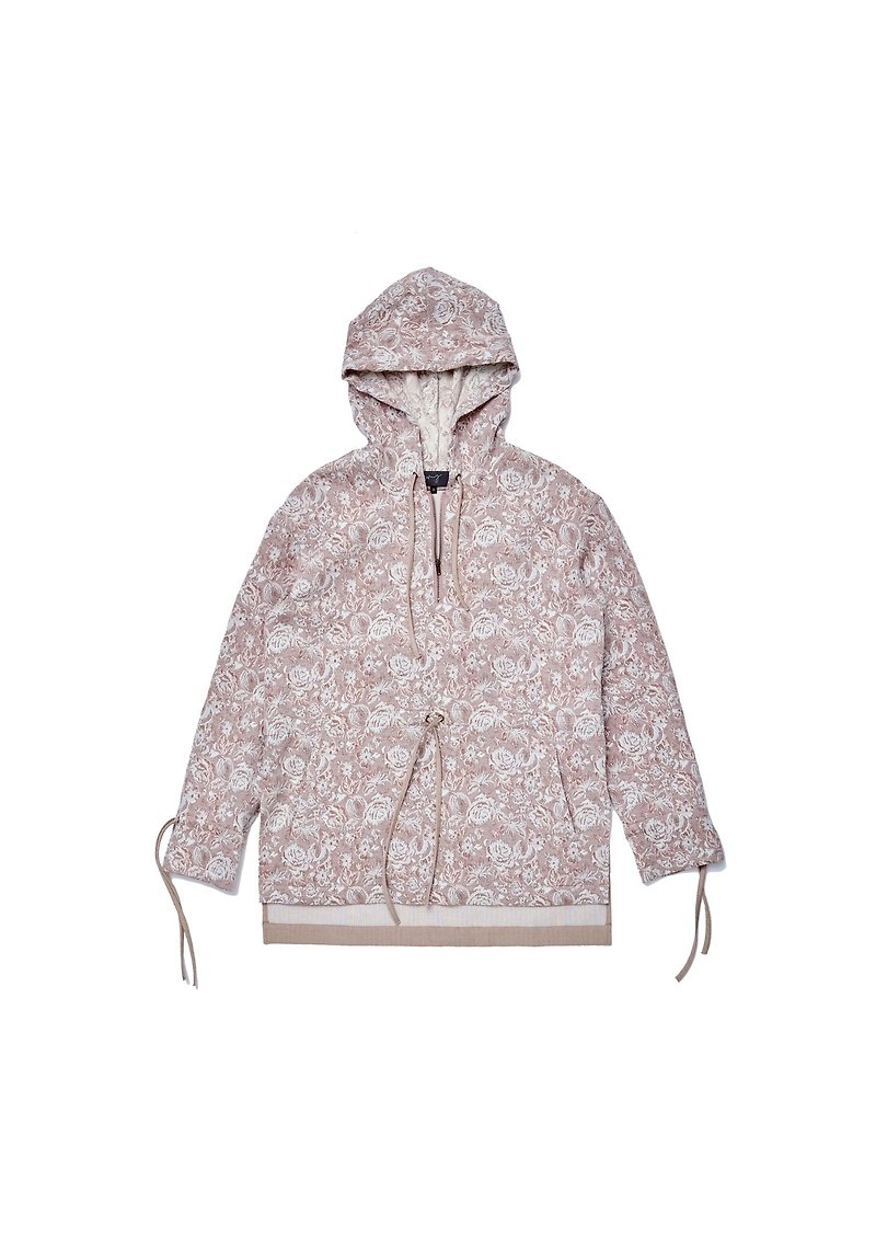 Floral jacquard patched herringbone woven hoodie - เสื้อฮู้ด - ผ้าฝ้าย/ผ้าลินิน สึชมพู
