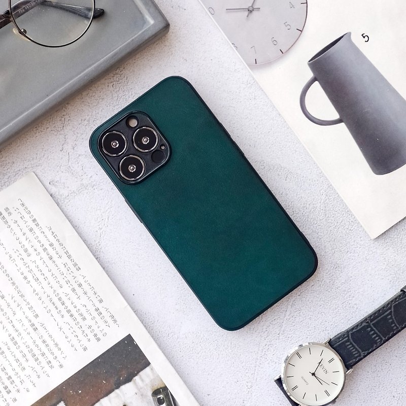 Dark green iphone15pro mobile phone case genuine leather 14max protective cover 13mini back cover apple 12 all-inclusive 11 - เคส/ซองมือถือ - หนังแท้ สีเขียว