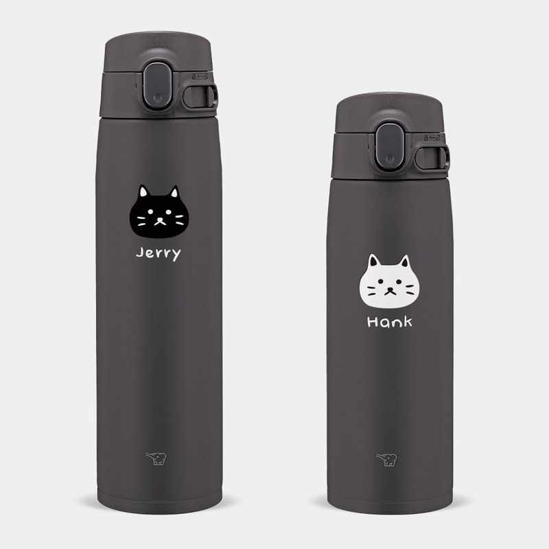 【客製化禮物】黑白貓頭 名字 象印 600/720ML 彈蓋式保溫瓶 006 - 保溫瓶/保溫杯 - 不鏽鋼 黑色