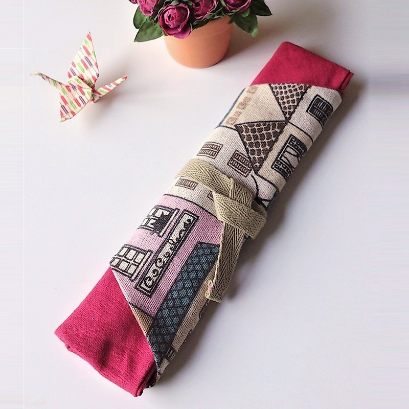Utensil Wrap (Pink Black Cat x Red /Dark Brown /Aquamarine) - Chopsticks - Cotton & Hemp Multicolor