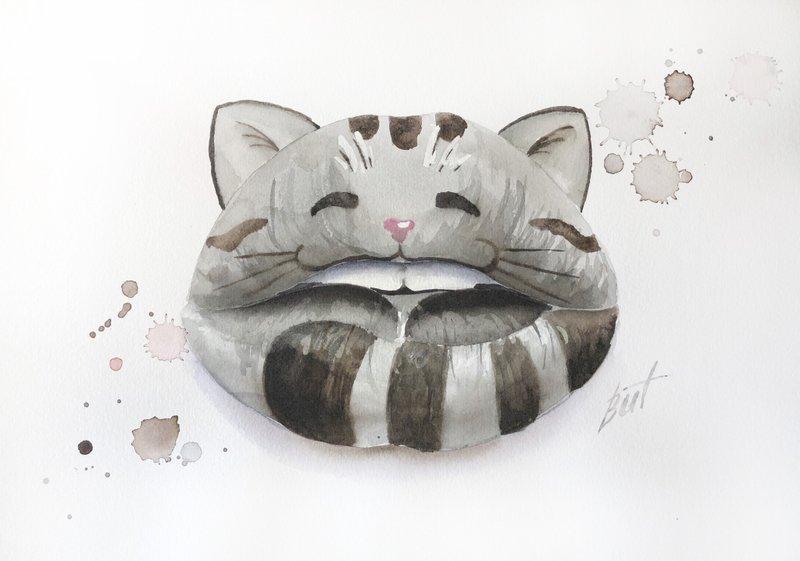 Cat Painting Lips Original Artwork Fashion Watercolor Animal Wall Art - 海報/掛畫/掛布 - 紙 灰色