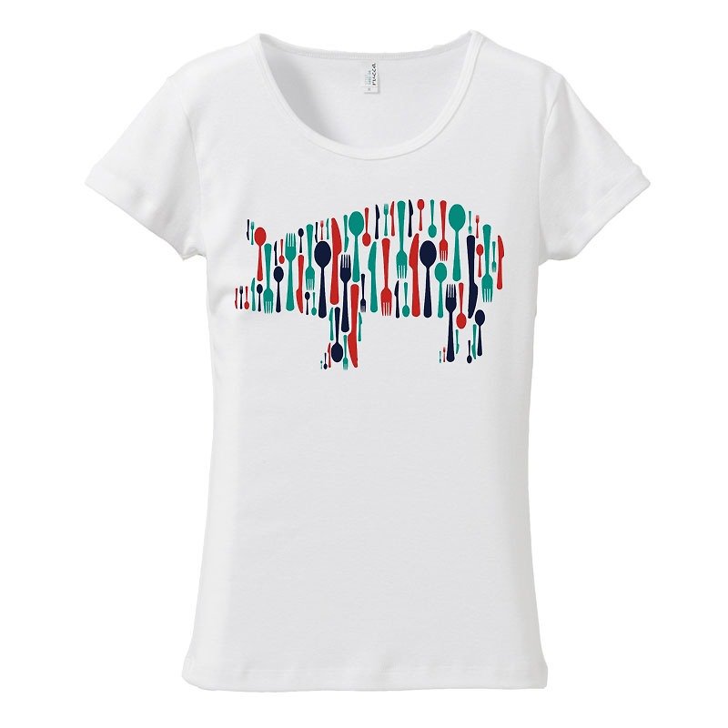 [Women's T-shirt] Pig knife & fork & spoon - เสื้อยืดผู้หญิง - ผ้าฝ้าย/ผ้าลินิน ขาว