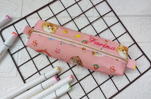 Petites sewing |訂製Handmade| 筆袋 | 粉色貓咪布款|可繡名字|個性化