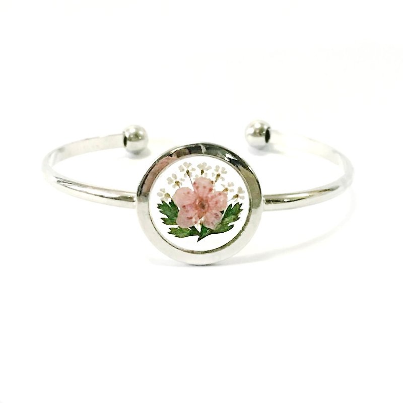 Silver Framed Pressed Flower Bangle - Bracelets - Other Metals Pink