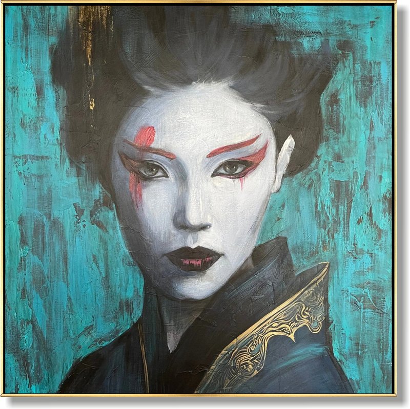 Abstract Chinese Woman Original Female Oil Painting on Green Geisha Wall Art - 壁貼/牆壁裝飾 - 壓克力 多色