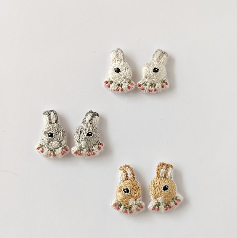Cherry collar rabbit embroidered Clip-On - Earrings & Clip-ons - Thread White