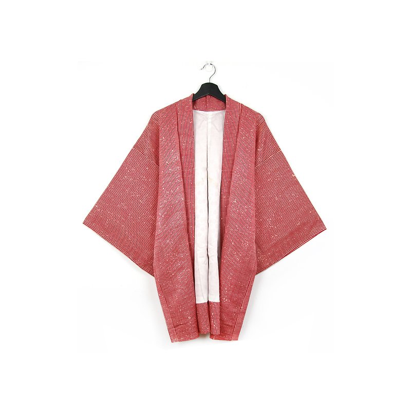 グリーン・ジャパンに戻ると、羽織りの赤と白のストライプ/ビンテージ着物が復活しました - ジャケット - シルク・絹 