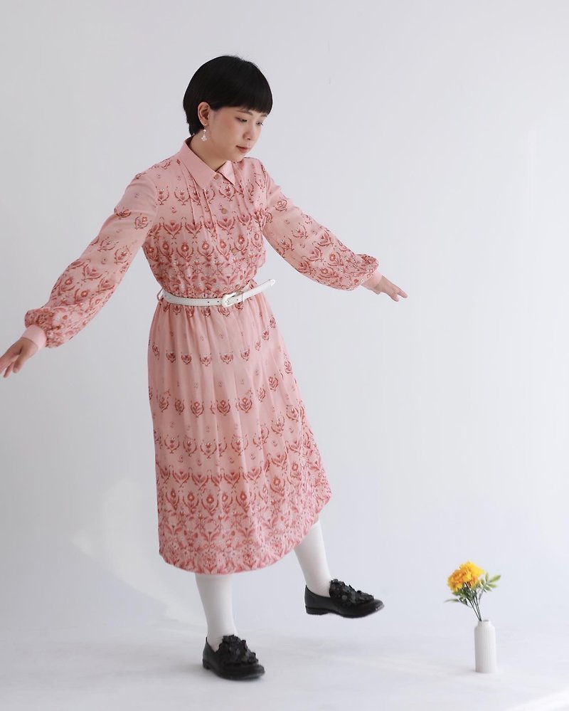 Awhile | Vintage long-sleeved dress no.861 - One Piece Dresses - Polyester Pink