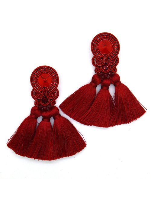 Olga Sergeychuk jewelry Earrings with tassels in dark red color