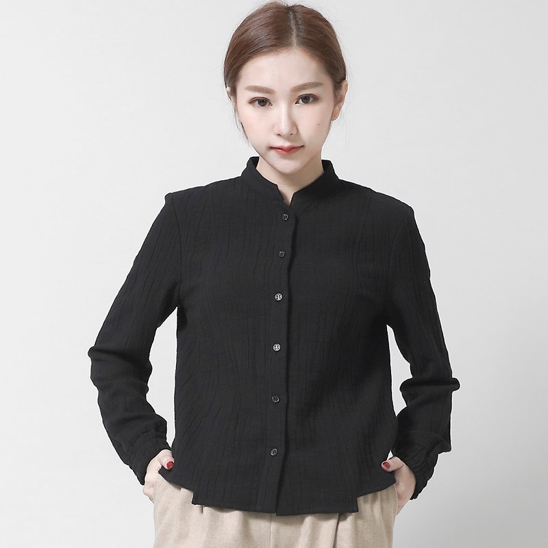 Philosophy pleated collar shirt _6AF009_ black - เสื้อผู้หญิง - ผ้าฝ้าย/ผ้าลินิน สีดำ