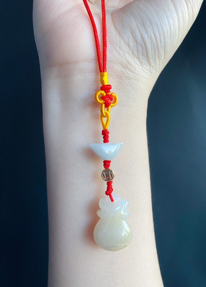 【售出】天然緬甸玉翡翠 黃翡 招財 守財錢袋 手機掛 包掛 禮物 - 吊飾 - 玉石 黃色