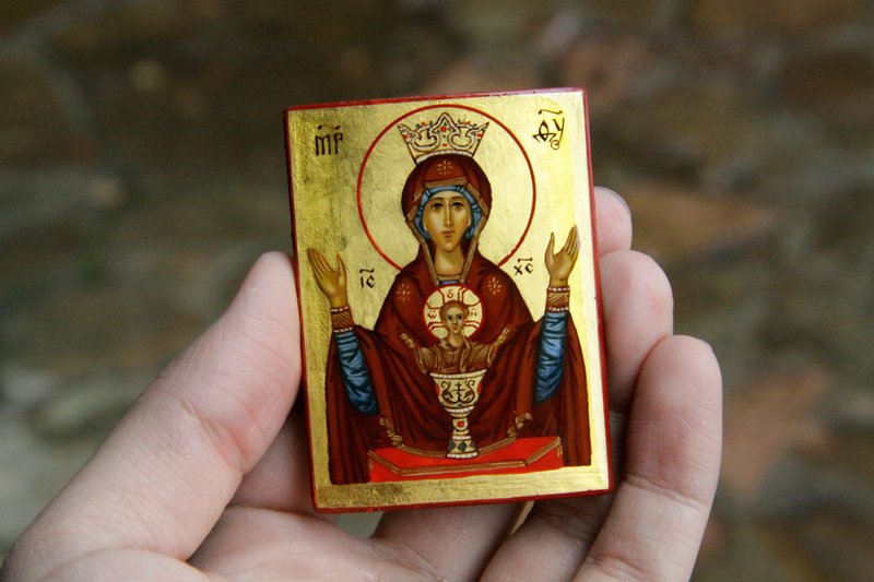 hand painted orthodox christian Virgin Mary icon, miniature religious painting - 其他 - 環保材質 金色
