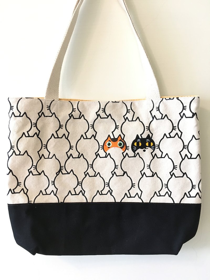 Meow Mountain Meow Sea Tote Bag medium~Hand touch screen printing - Handbags & Totes - Cotton & Hemp White