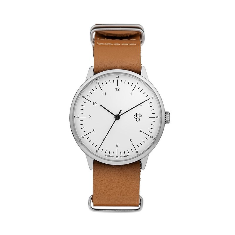 Chpo Brand 瑞典品牌 - Harold系列 銀白錶盤蜜糖棕軍用皮革 手錶 - 男錶/中性錶 - 真皮 咖啡色