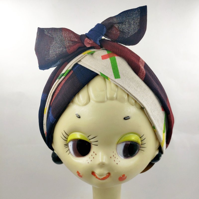 Petitbebe~雙面紅格子交錯手綁髮帶 - 髮夾/髮圈 - 棉．麻 紅色