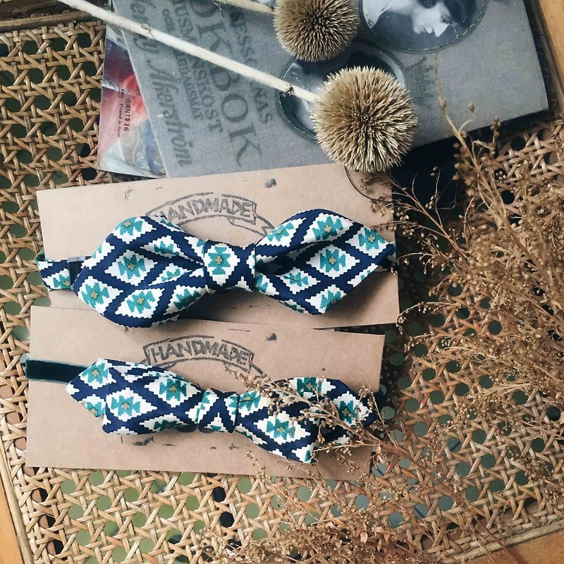 Wedding graduation gift-antique cloth flower tie remade handmade bow tie-geometric blue-wide version - Bow Ties & Ascots - Silk Blue