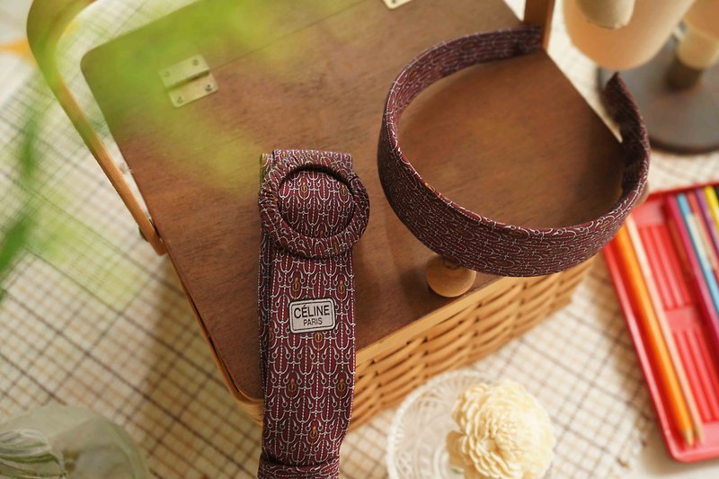 Antique Tie Reworked Belt - 100% silk Celine Vintage Print - Burgundy