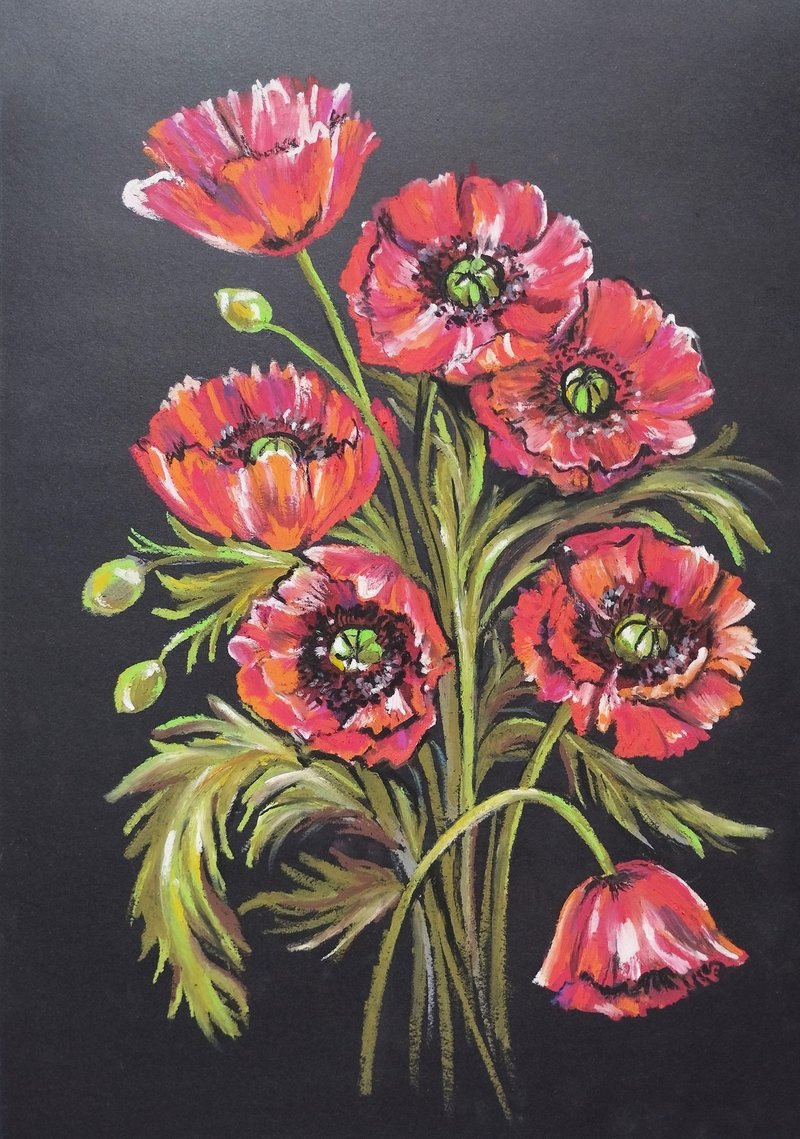 Bouquet of red poppies drawing flowers art painting oil pastel Bouquet art gift - 壁貼/牆壁裝飾 - 紙 紅色