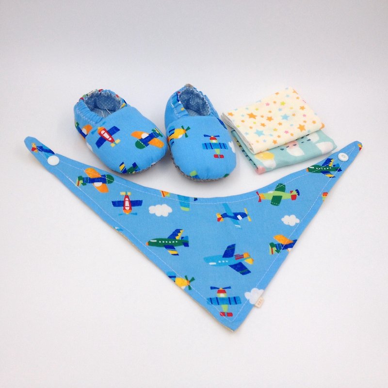 H.B.S.度晬寶寶禮盒-飛機玩具(學步鞋、手帕、領巾) - 滿月禮物 - 棉．麻 藍色