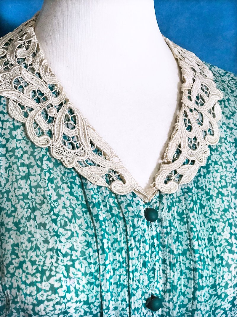 Weaving collar flowers weave chiffon sleeveless vintage dress / bring back VINTAGE - One Piece Dresses - Polyester Green