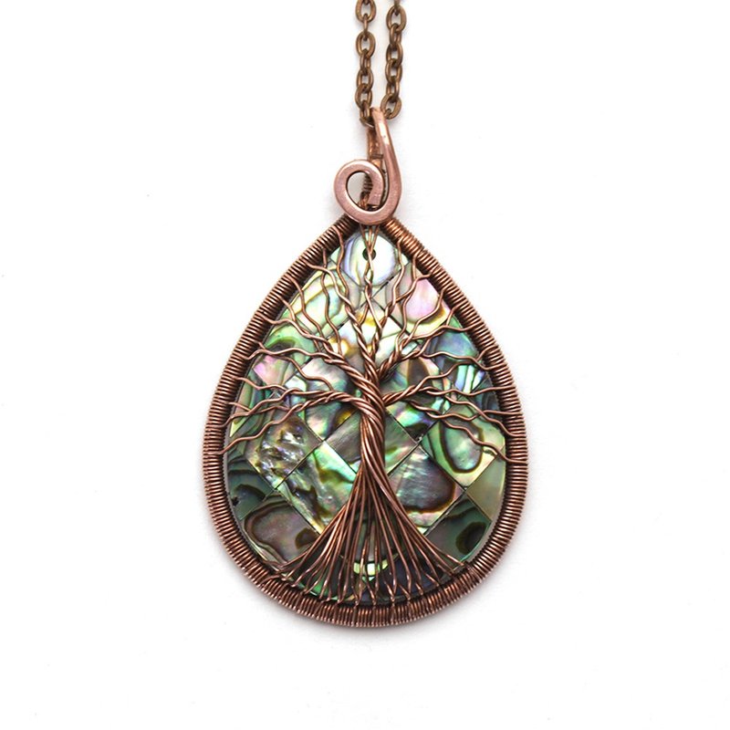 Abalone Tree Of Life necklace Copper Wire Wrapped Pendant Shell pendant - 項鍊 - 貝殼 多色