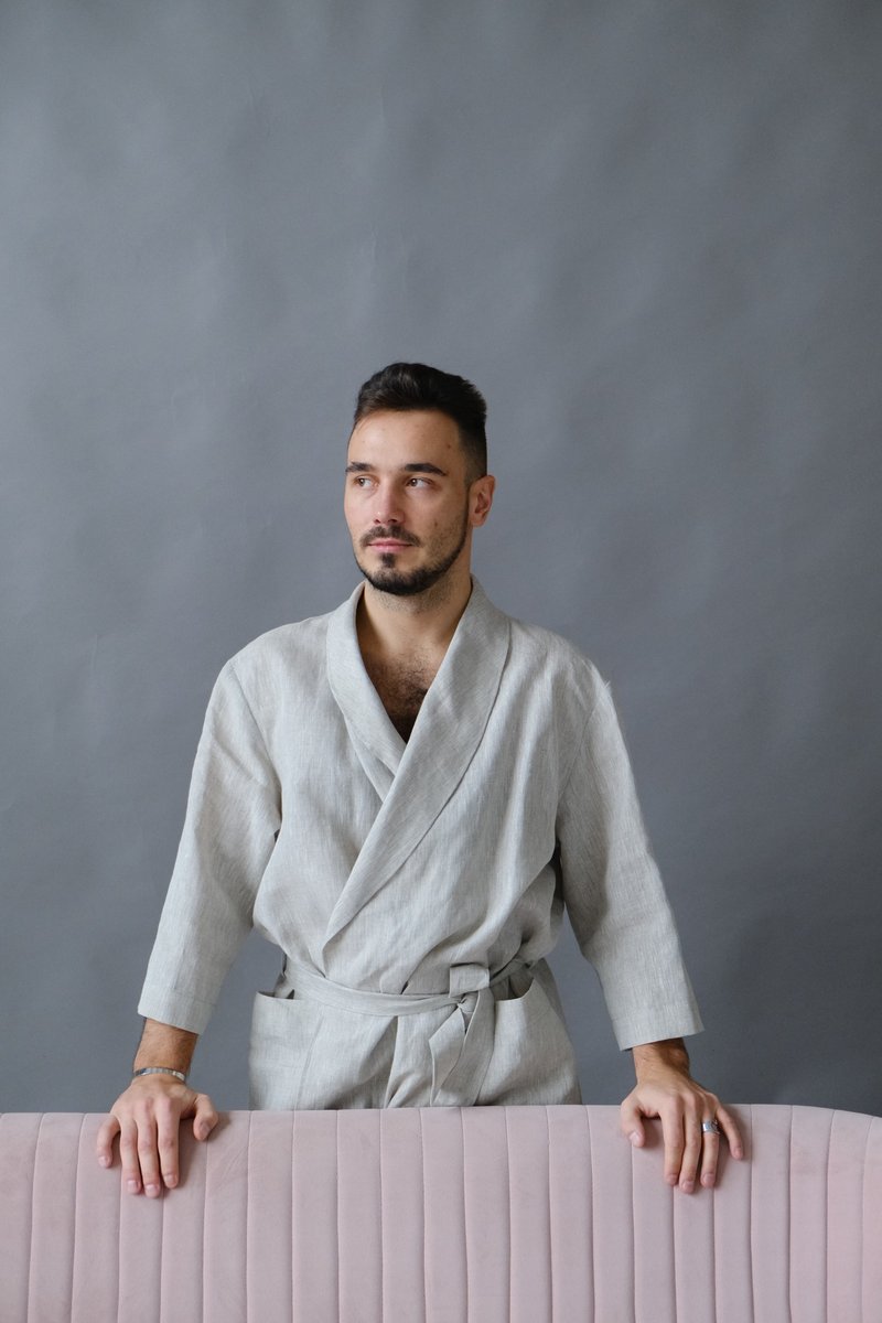 Linen Bathrobe for men - Kimono robe - Dressing gown - 居家服/睡衣 - 亞麻 白色