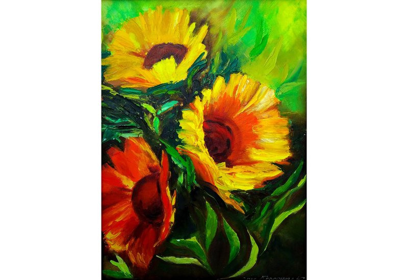 Sunflower Painting, Floral Original Wall Art, Bouquet Flower Artwork, 手工油畫, 油畫原作 - 海報/掛畫 - 其他材質 多色