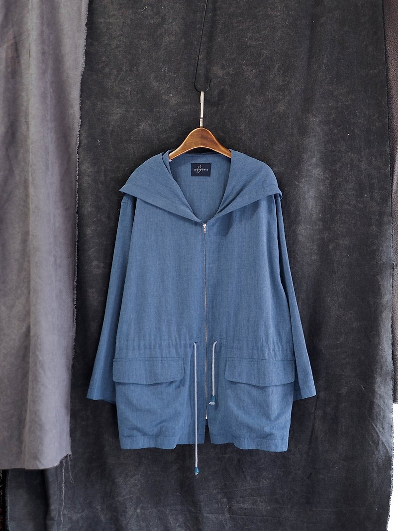 Nagano Water Blue Youth Love Day and Antique Cotton Casual Drawstring Hooded Jacket Vintage - เสื้อแจ็คเก็ต - ผ้าฝ้าย/ผ้าลินิน สีน้ำเงิน