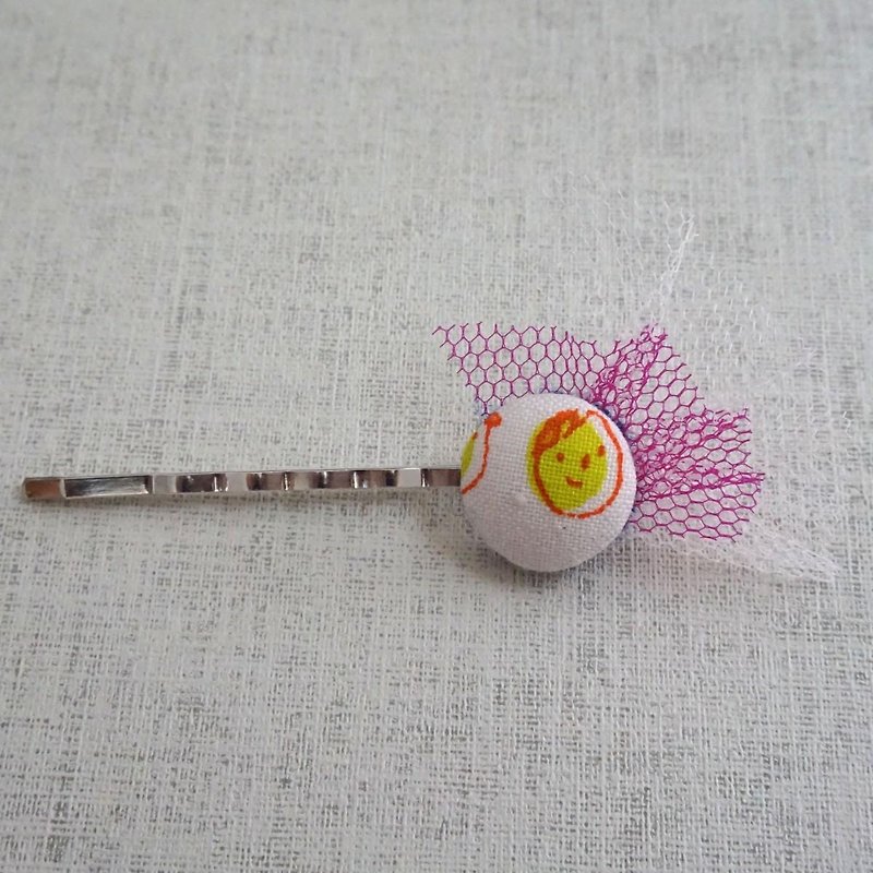 Hand-printed original walnut button hairpin "Friend 1" - เครื่องประดับผม - ผ้าฝ้าย/ผ้าลินิน สึชมพู