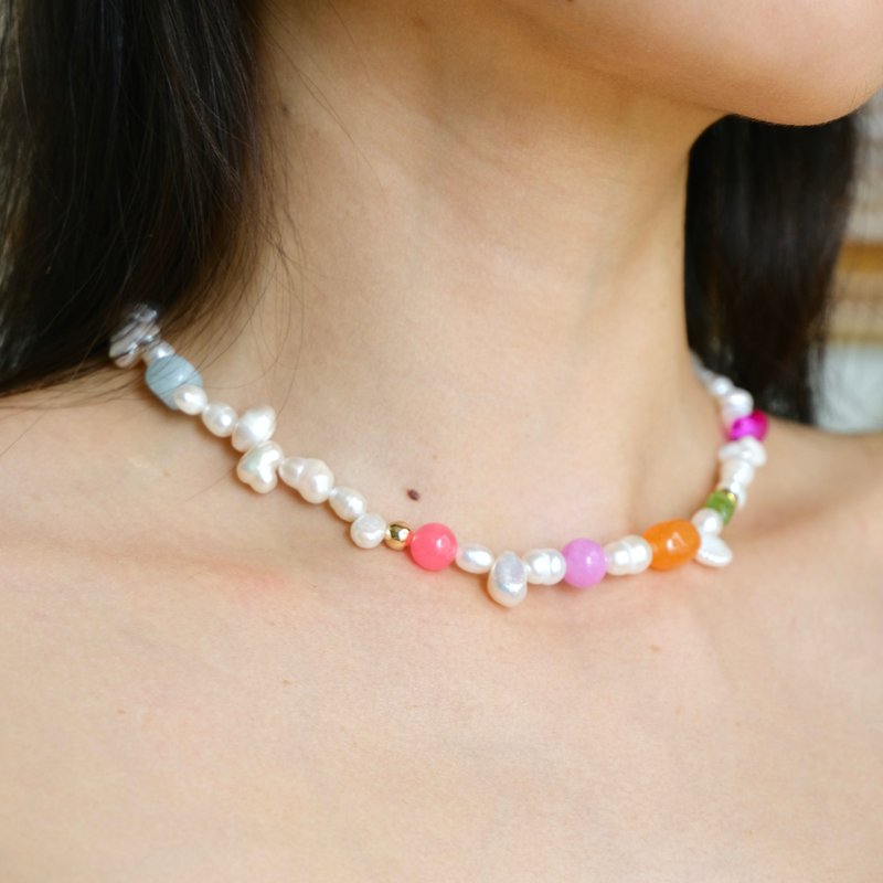 Necklace Ohana • Handmade Necklace 18k Gold Pearl Jade Semi Precious Stones - 項鍊 - 珍珠 多色
