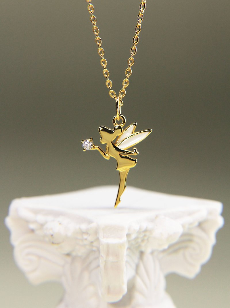 Fairy Necklace Neverland Tinkerbell Necklace Fairytale Diamond Jewelry - สร้อยคอ - เงินแท้ สีทอง