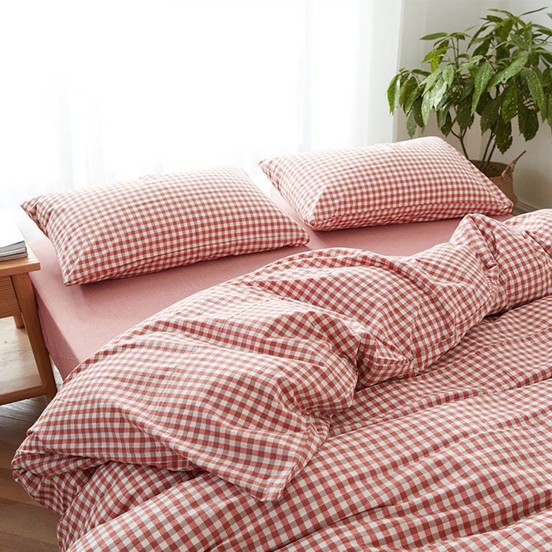 [CHICHI HOME] Small square red washed cotton standard double four-piece bed bag (Taiwan size) - Bedding - Cotton & Hemp Red