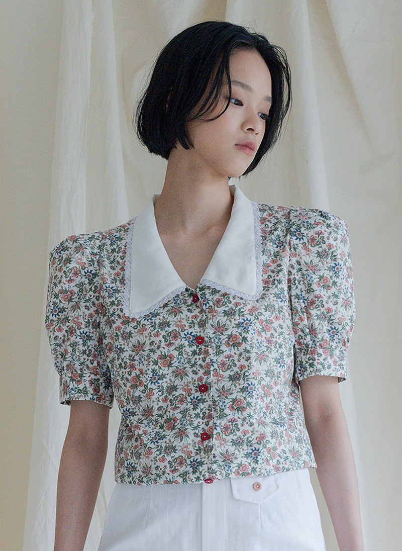 Tiffany Blouse 澎袖蕾絲領上衣 春粉草綠 - 女裝恤衫 - 棉．麻 粉紅色