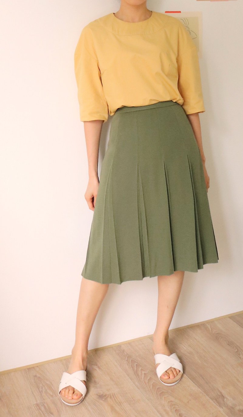Verdure Skirt 抹綠針織復古百褶裙-古著 - 裙子/長裙 - 羊毛 綠色
