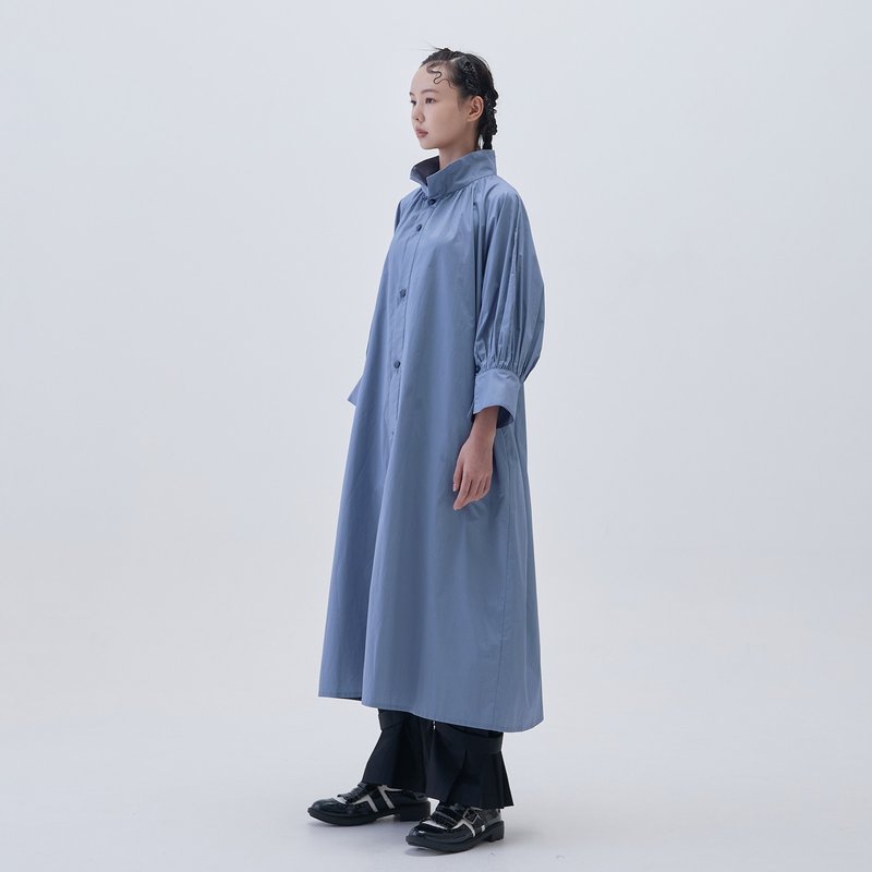 襯衫式泡袖長洋裝 - 洋裝/連身裙 - 棉．麻 藍色