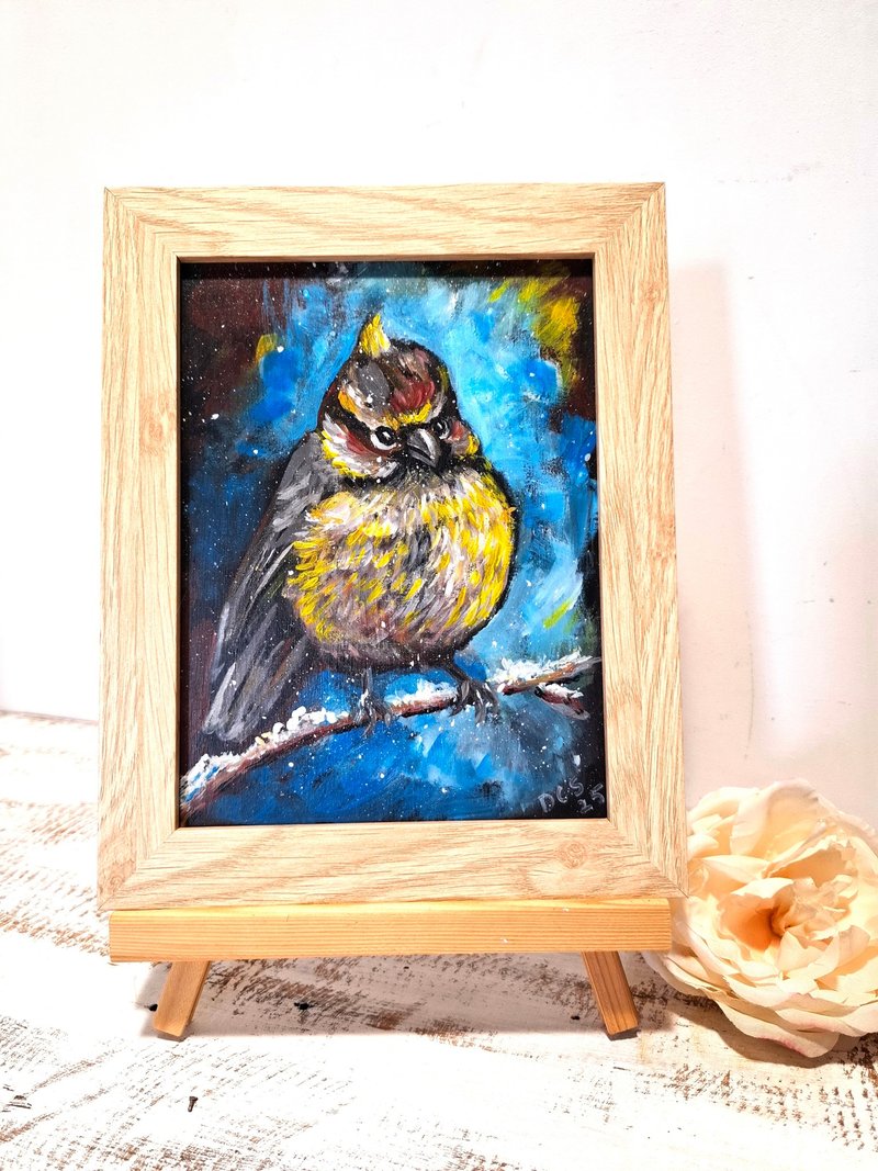Original Painting Acrylic Little Bird on a Branch in Winter Framed Ready Gift - 壁貼/牆壁裝飾 - 其他材質 多色