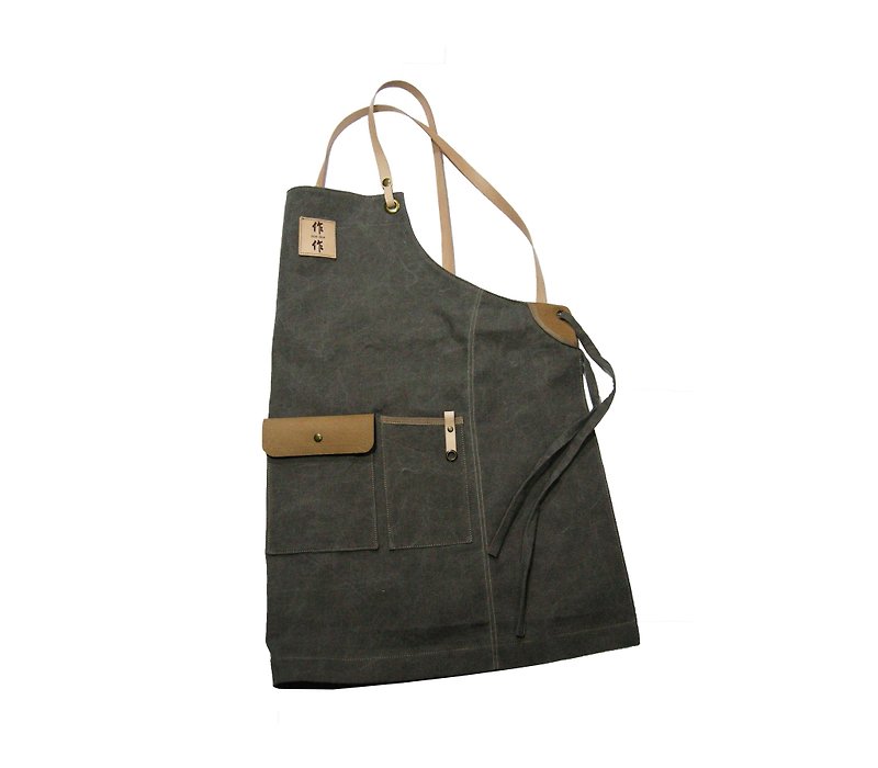 Cross leather belt apron washed canvas chest leather logo can be customized - ผ้ากันเปื้อน - หนังแท้ สีเทา