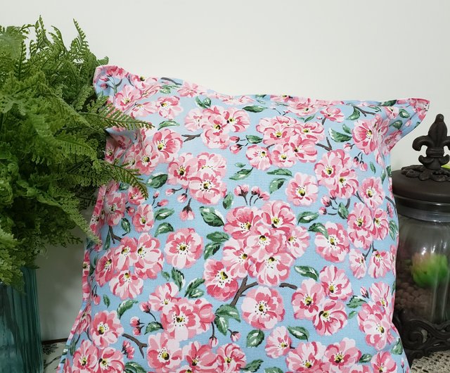 Nordic Style Powder Blue Pink Flower Pattern Throw Pillow Pillow