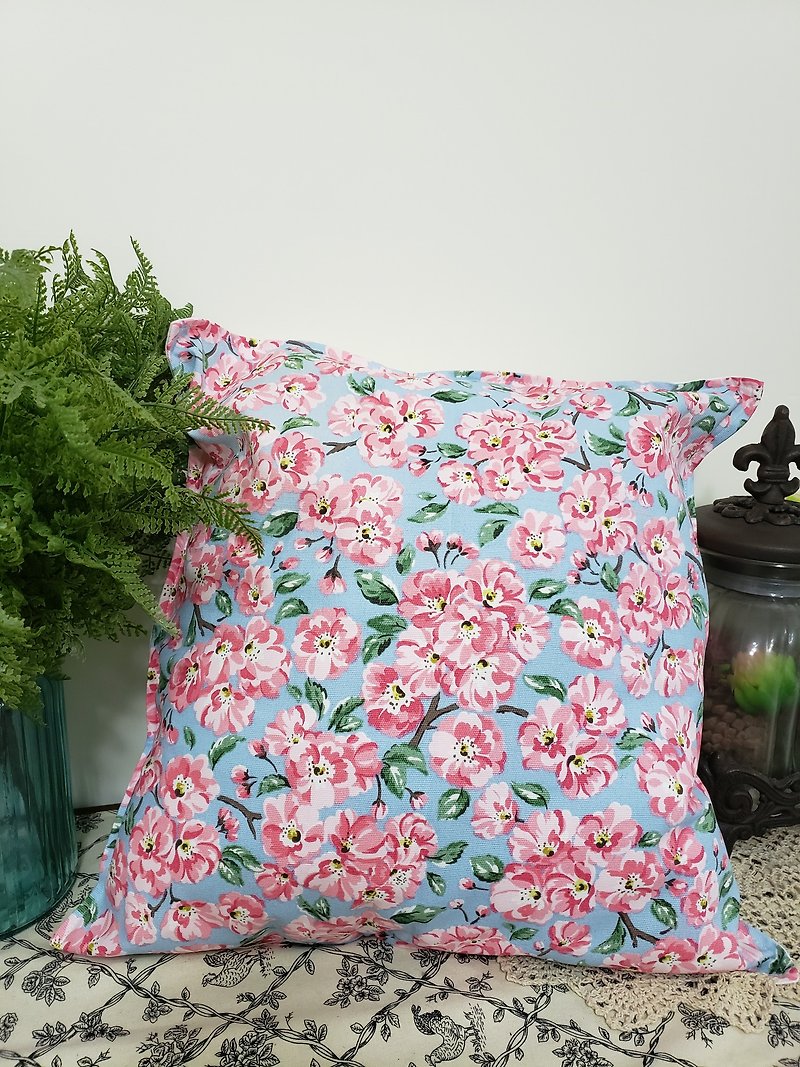 北歐風格粉藍色粉紅花朵圖案抱枕靠枕靠墊枕套 - 枕頭/咕𠱸 - 棉．麻 藍色