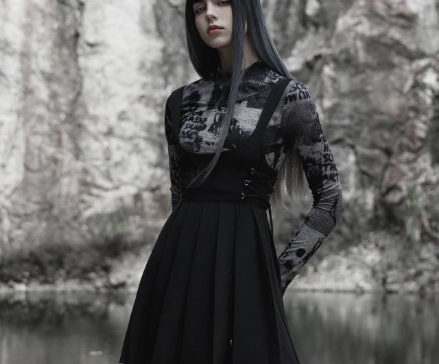 Punk Little Witch High Waist Suspender Skirt-Pure Black