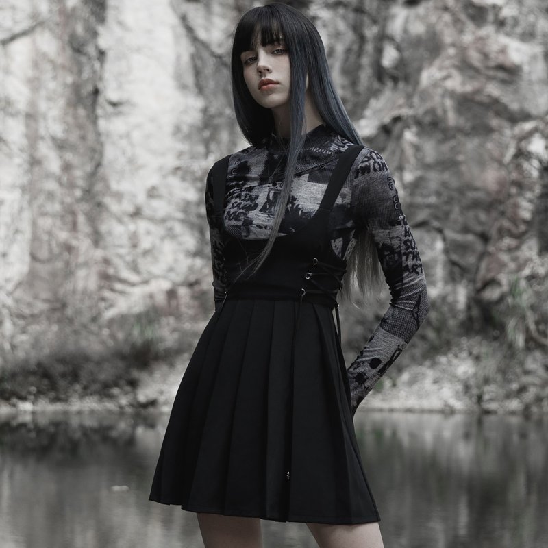 Punk Little Witch High Waist Suspender Skirt-Pure Black/Platform/Out of Print Soon - Skirts - Other Materials Black