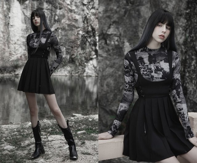 Punk Little Witch High Waist Suspender Skirt-Pure Black