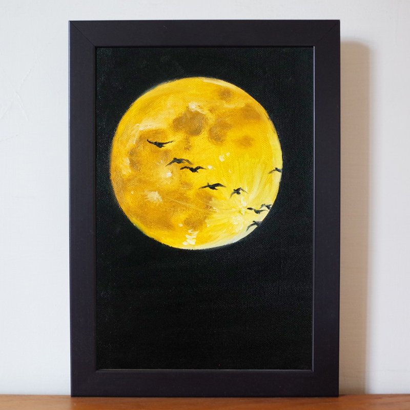 風景#2 月夜雁群 油畫 F1號 含框尺寸約26*19cm - 海報/掛畫 - 顏料 黑色
