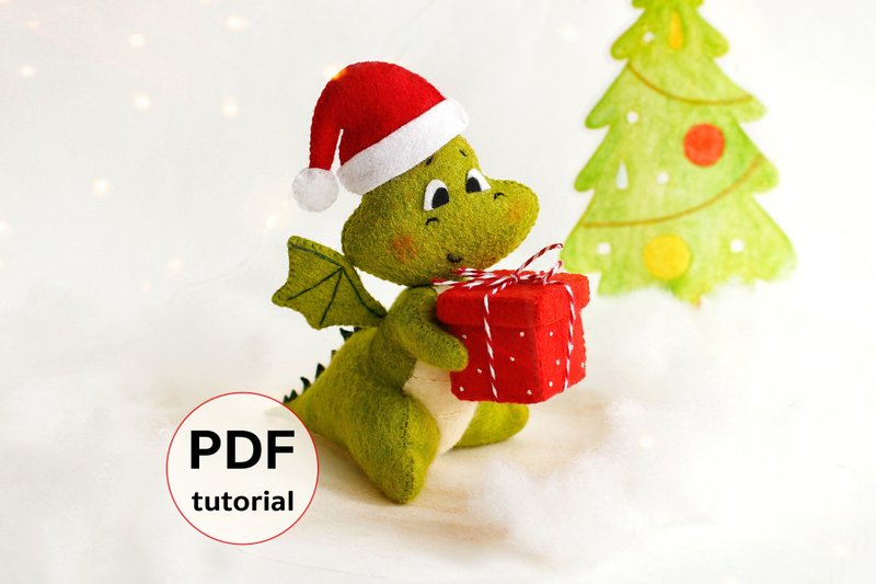 Felt green dragon with Christmas present hand sewing PDF tutorial with patterns - 手工藝教學/工具書 - 其他材質 